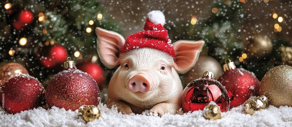 Festive pig wearing Santa hat surrounded by ornaments celebrating Christmas and symbolizing the joyful spirit of the holiday season Festive pig wearing Santa hat surrounded by ornaments celebrating Christmas and symbolizing the joyful spirit of the holiday season
