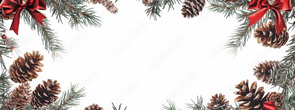 Festive Pine Cones and Bows with Copyspace for Holiday Greetings Festive Pine Cones and Bows with Copyspace for Holiday Greetings