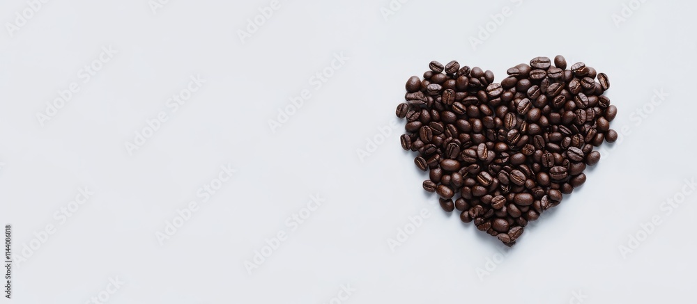 Heart shape created from roasted coffee beans on a clean white background for love and coffee themed design concepts Heart shape created from roasted coffee beans on a clean white background for love and coffee themed design concepts