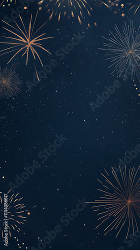 New Years Fireworks Theme: dark navy, tiny fireworks, minimalist, one side, empty space for copy text. photo