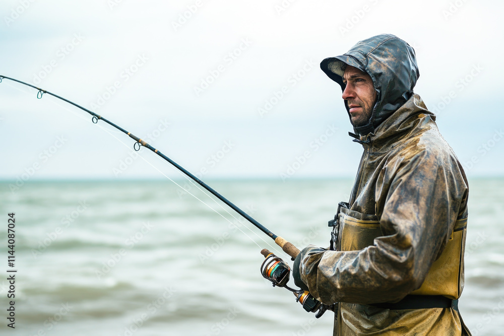 Male angler fishing on windy day at sea in heavy weather gear Male angler fishing on windy day at sea in heavy weather gear