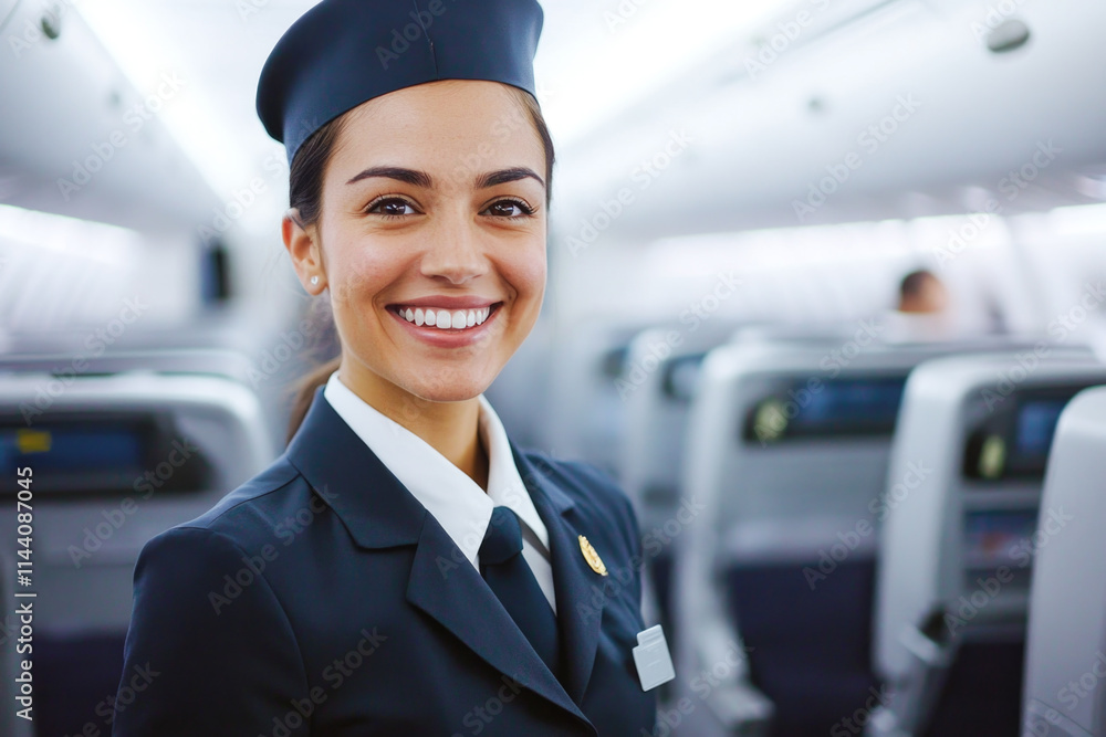 Smiling female flight attendant in uniform on airplane interior Smiling female flight attendant in uniform on airplane interior