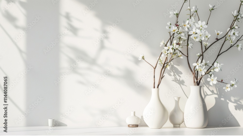 White vases with delicate blossoms casting soft shadows White vases with delicate blossoms casting soft shadows