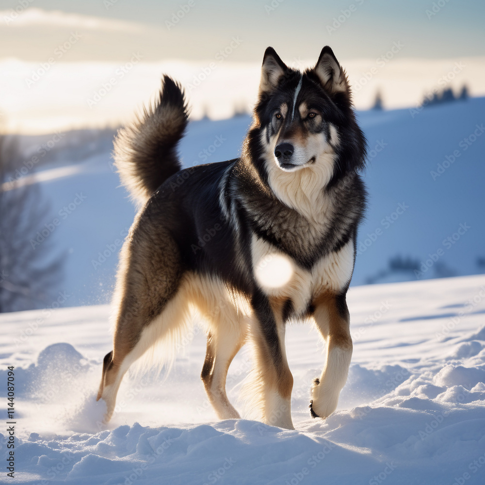 Säugetiere - Wolf auf Schneefläche unter kaltem Himmel Säugetiere - Wolf auf Schneefläche unter kaltem Himmel