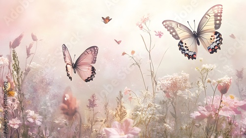 Soft pastel butterflies flying over blooming wildflowers in misty meadow.