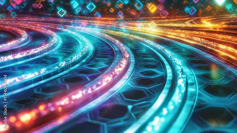 Futuristic Gradient Layers and Curves in a Virtual World of Dynamic Motion and Vibrant Colors