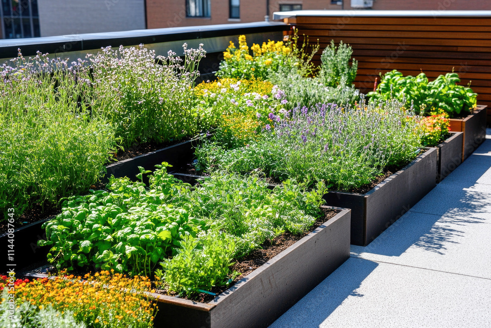 Lush urban rooftop garden with diverse herbs and flowers in raised planters Lush urban rooftop garden with diverse herbs and flowers in raised planters