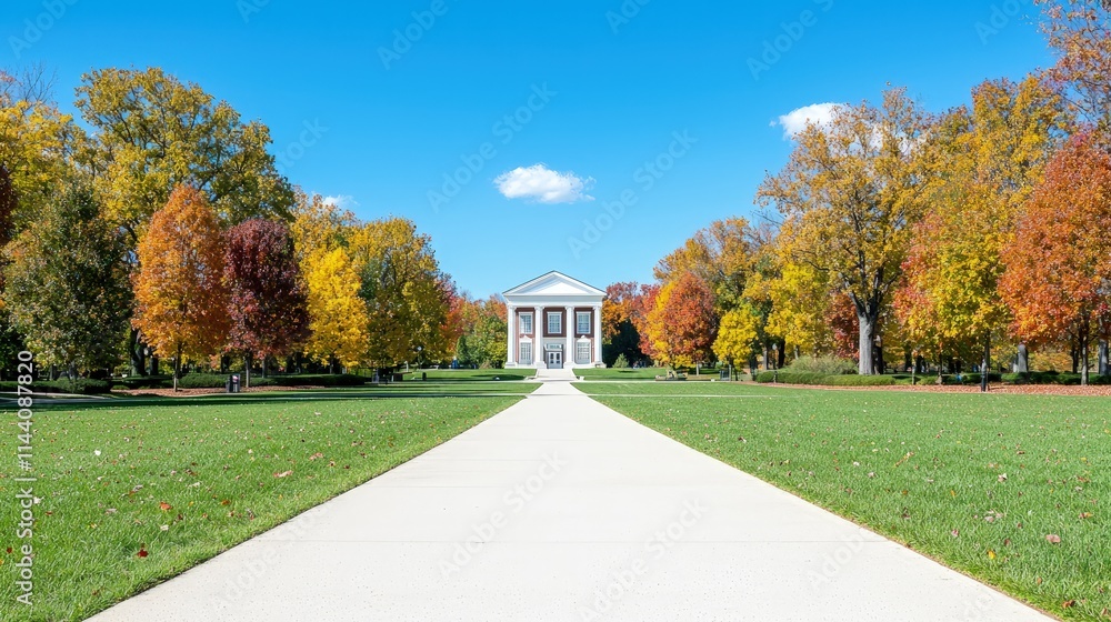 Fototapeta premium Neoclassical monument building framed by colorful autumn trees with a central pathway leading to it under a clear blue sky.