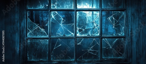 Eerie shattered glass in an abandoned house window creating a chilling atmosphere for horror themed designs and settings. photo