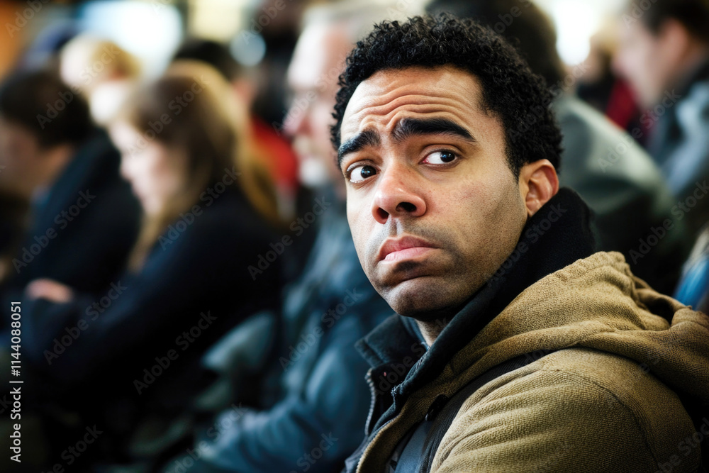 Pensive african male adult in crowd observing surroundings Pensive african male adult in crowd observing surroundings