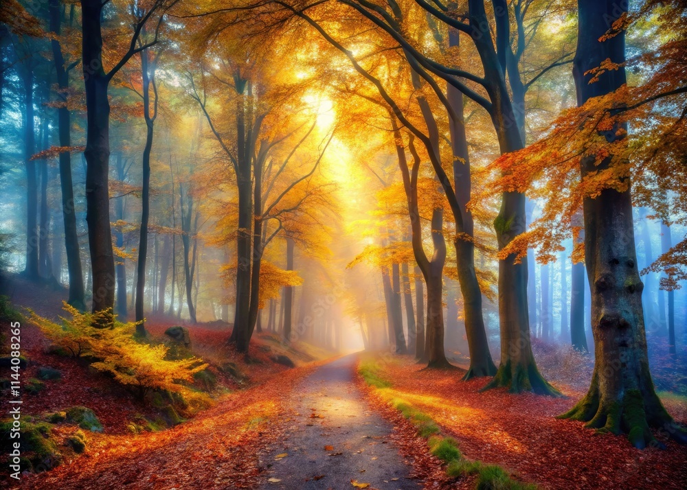 Fototapeta premium Dreamlike autumn dawn, mystical forest bathed in ethereal light.