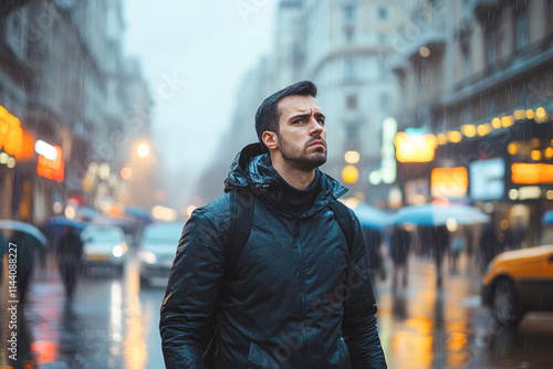 Young caucasian male walking in rainy city street at dusk