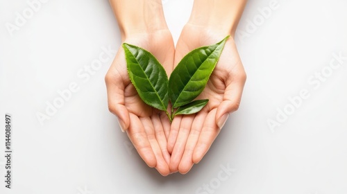 Fresh green tea leaves cradled in gentle hands on a clean white background showcasing nature's beauty and healthy lifestyle choices