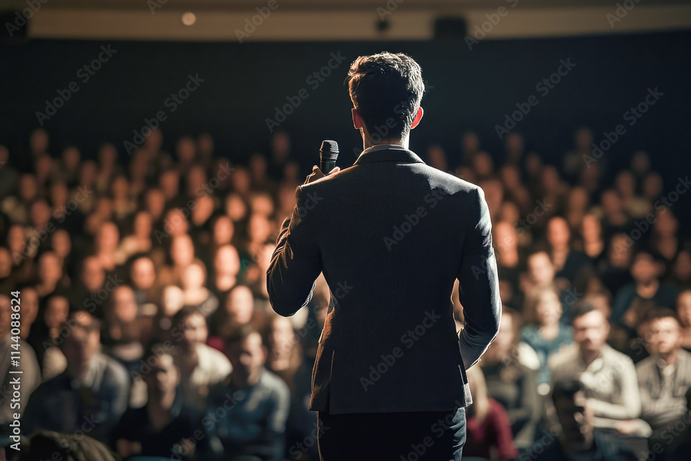 Fototapeta premium Male speaker addresses diverse audience in packed auditorium