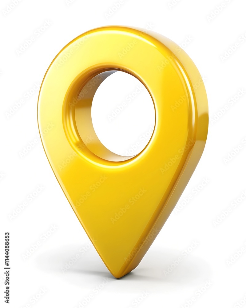 3D yellow location pin icon with a hollow center, representing navigation, direction, and maps in a sleek, modern design. Isolated on white background
