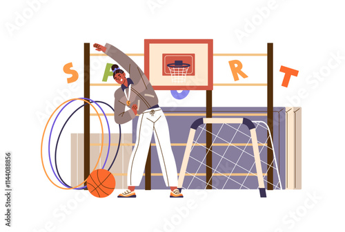 Sports trainer does physical exercises while workout in school gym. PE teacher training students in lesson. Coach with whistle stretching. Flat isolated vector illustration on white background