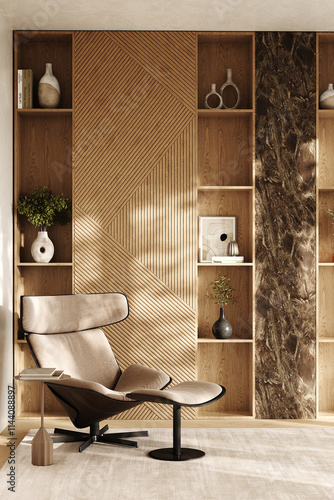 Obraz na płótnie 3D visualization of a home office in a private house. Soft armchair on the background of a wooden cabinet with books and decor