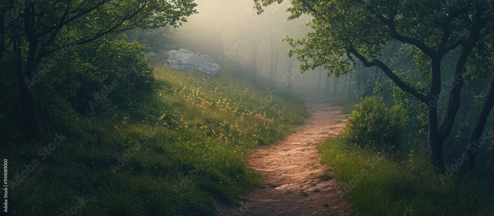 Obraz premium Serene hiking trail winding through lush mountainside with morning mist and soft sunlight filtering through the trees