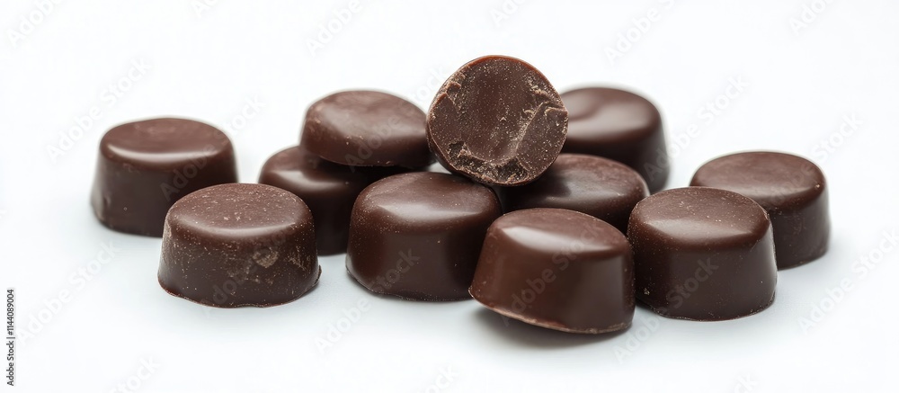 Chocolate candy truffles arranged artistically on a white background showcasing their smooth texture and rich appearance. Chocolate candy truffles arranged artistically on a white background showcasing their smooth texture and rich appearance.