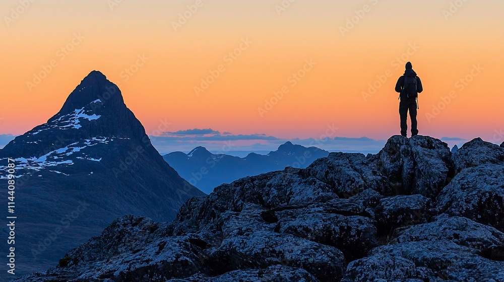 Obraz premium Silhouette of hiker on mountain peak at sunrise, overlooking scenic valley and distant mountains.