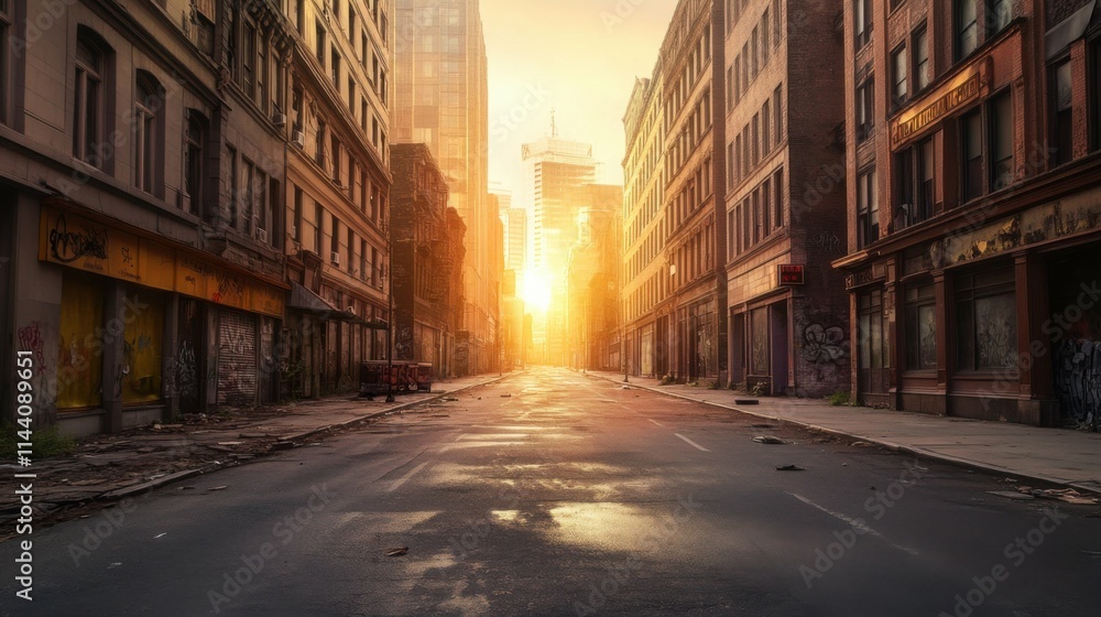 Fototapeta premium Abandoned city street at dawn with soft light filtering through empty buildings; post-apocalyptic vibe.