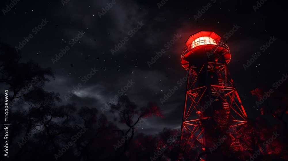 A night shot of a signal tower glowing with red safety lights under a starry sky creating a peaceful and atmospheric industrial landscape A night shot of a signal tower glowing with red safety lights under a starry sky creating a peaceful and atmospheric industrial landscape