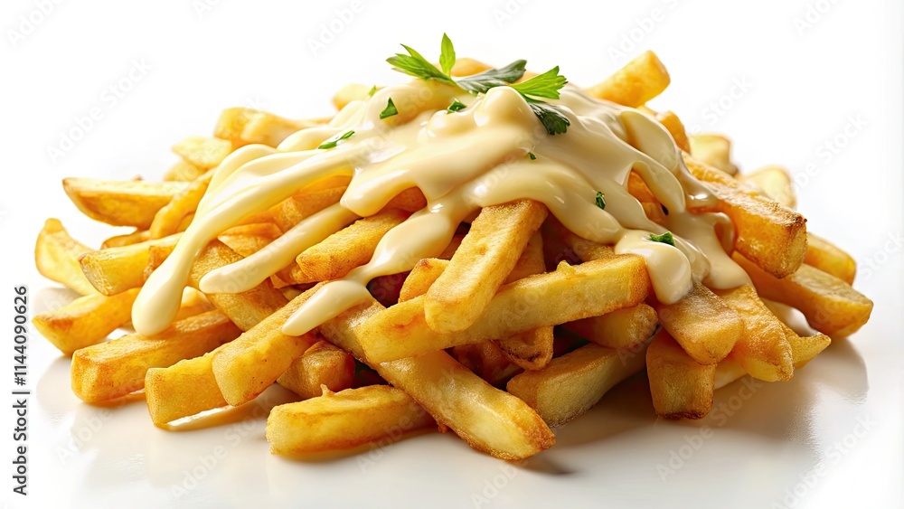 Golden fries, bathed in creamy cheese sauce; the ultimate snack. Golden fries, bathed in creamy cheese sauce; the ultimate snack.