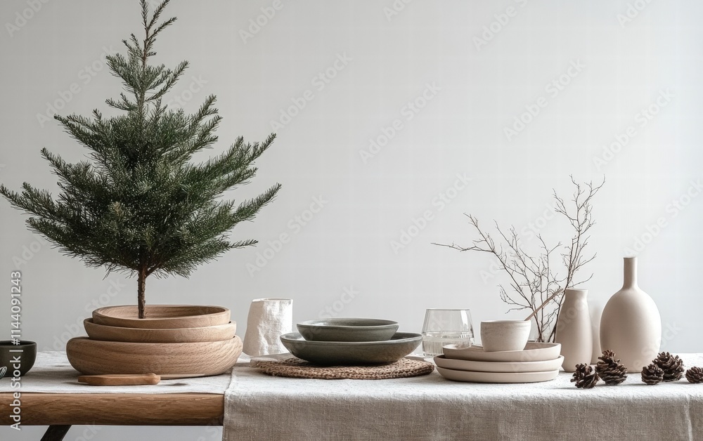 A minimalist dining space with a simple green tree, natural decor accents, and holiday-themed tableware A minimalist dining space with a simple green tree, natural decor accents, and holiday-themed tableware