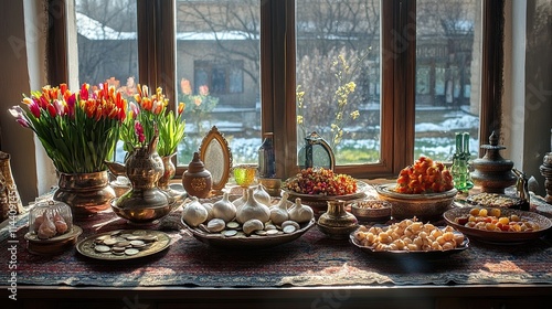 Haft Seen traditional table Nowruz featuring symbolic items like garlic coins mirror representing Persian New Year capturing cultural traditions festive celebrations Nowruz photo