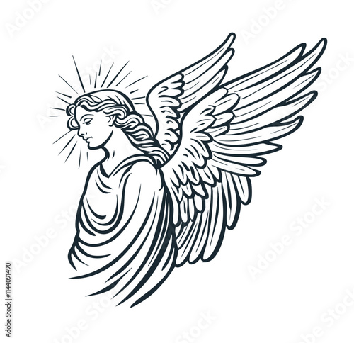 angel heavenly god vector sketch drawing in stencil style