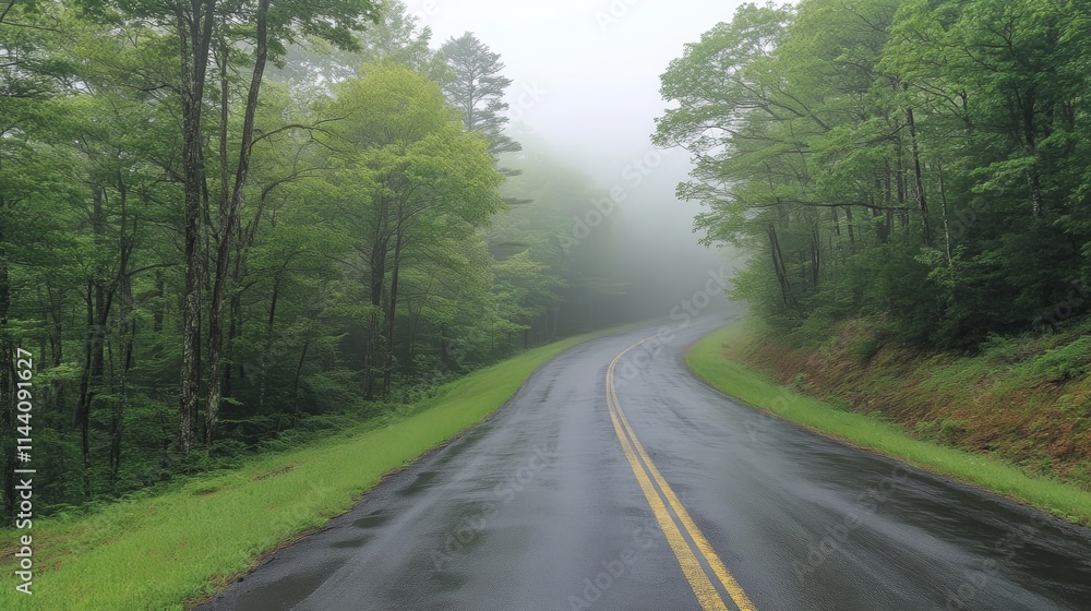 Obraz premium Misty Mountain Road Scenic Drive Foggy Forest Landscape