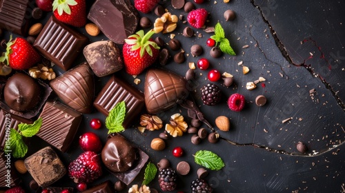 Assorted chocolate truffles with fruits and nuts on a dark background