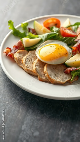 Delicious plate of sliced chicken, fresh salad, and a perfectly cooked egg on a white plate