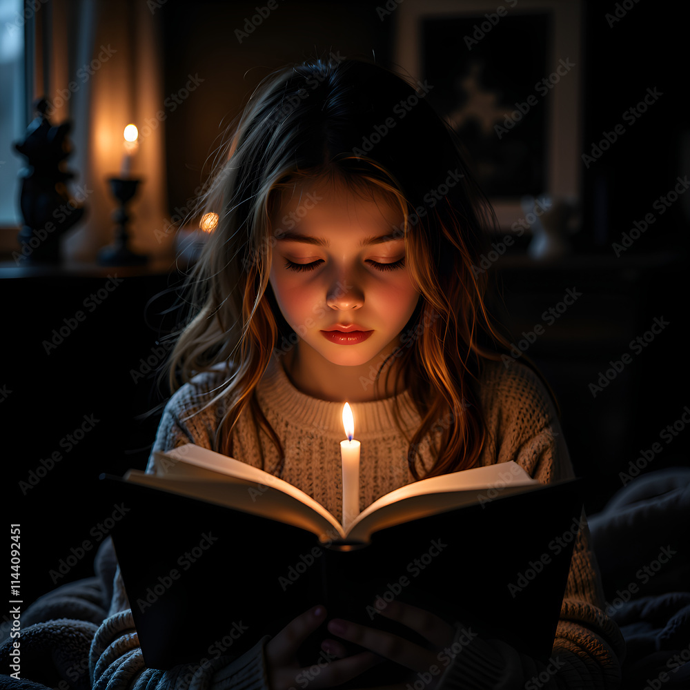 A child illuminated by candlelight while reading in a cozy, dimly lit room, photograph of candlelight reading concept. A child illuminated by candlelight while reading in a cozy, dimly lit room, photograph of candlelight reading concept.