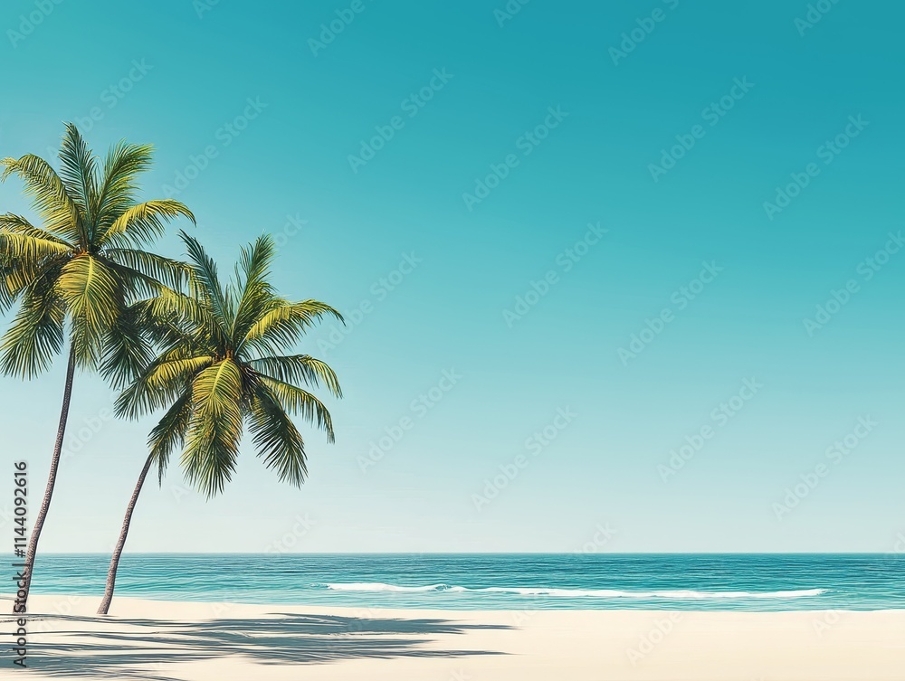 Serene Beachfront with Swaying Palms under Clear Skies Serene Beachfront with Swaying Palms under Clear Skies
