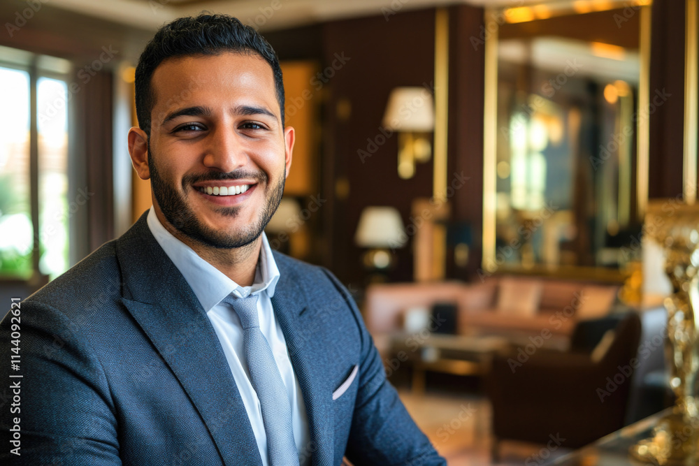 Fototapeta premium Smiling young hispanic male in formal suit in luxurious interior setting
