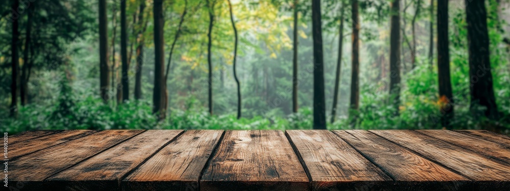 Serene Forest Scene with Wooden Plank Table for Lifestyle and Product Displays Serene Forest Scene with Wooden Plank Table for Lifestyle and Product Displays