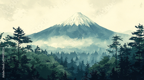 Mount fuji is looming over a misty forest in japan