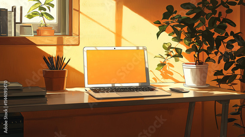 Home office desk workspace illuminated by golden sunlight illustration