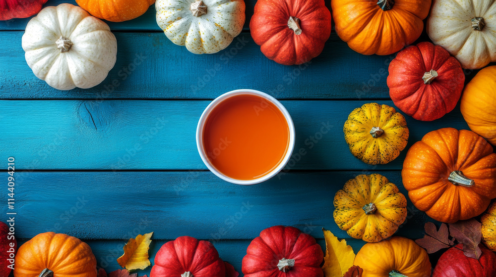 A bowl of pumpkin soup sits in the center of a teal wooden table surrounded by colorful pumpkins and autumn leaves. A cozy autumn scene. A bowl of pumpkin soup sits in the center of a teal wooden table surrounded by colorful pumpkins and autumn leaves. A cozy autumn scene.