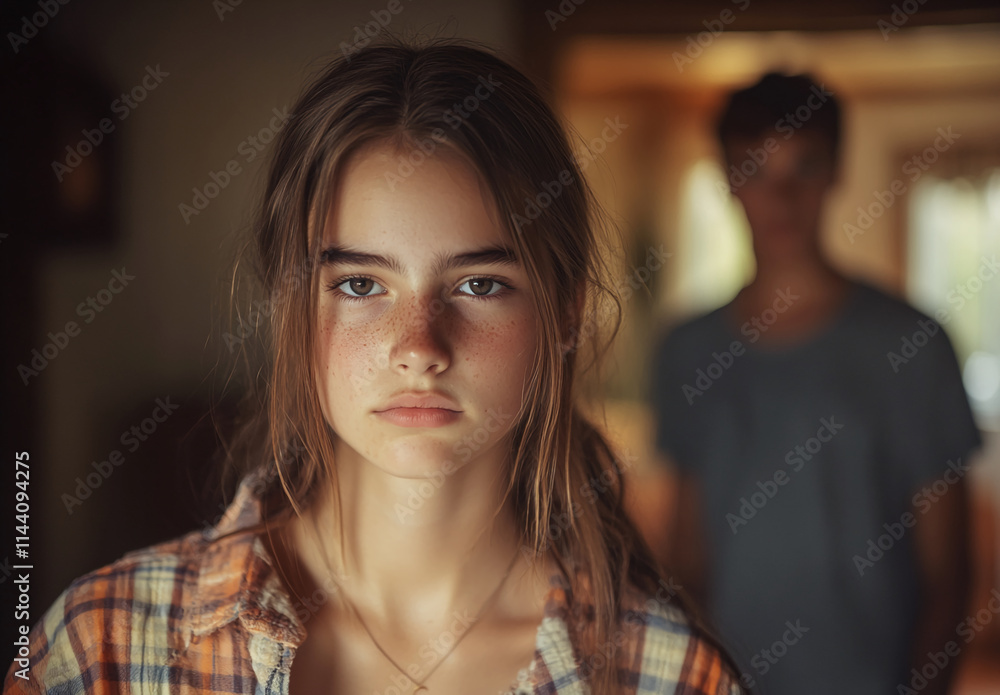 Teenage girl in flannel shirt appears contemplative while a figure stands in the background, captured in soft indoor light Teenage girl in flannel shirt appears contemplative while a figure stands in the background, captured in soft indoor light