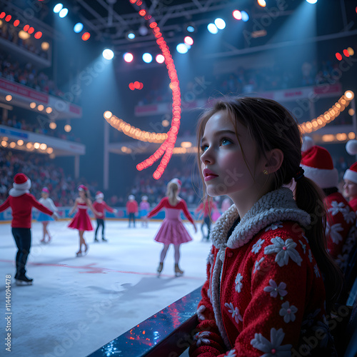 Captivated by the magic of ice  a young girl s holiday skating experience, digital art of themed event concept. photo