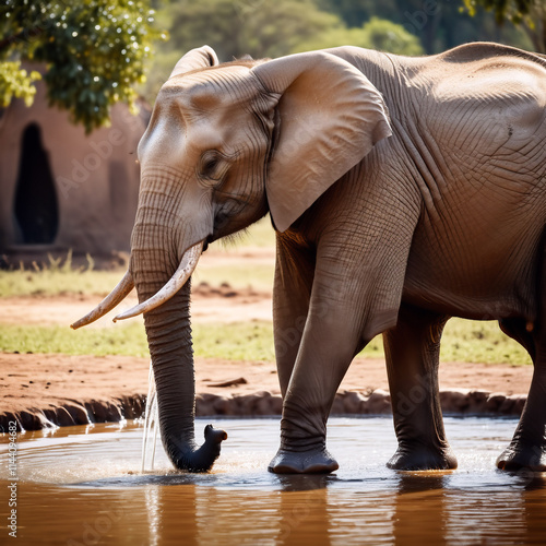 Säugetiere - Elefant spritzt sich gleich Wasser auf Rücken photo