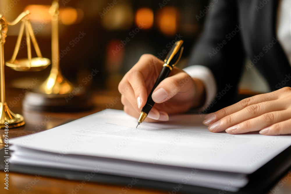 Female lawyer signing legal documents in office with scales of justice in background Female lawyer signing legal documents in office with scales of justice in background
