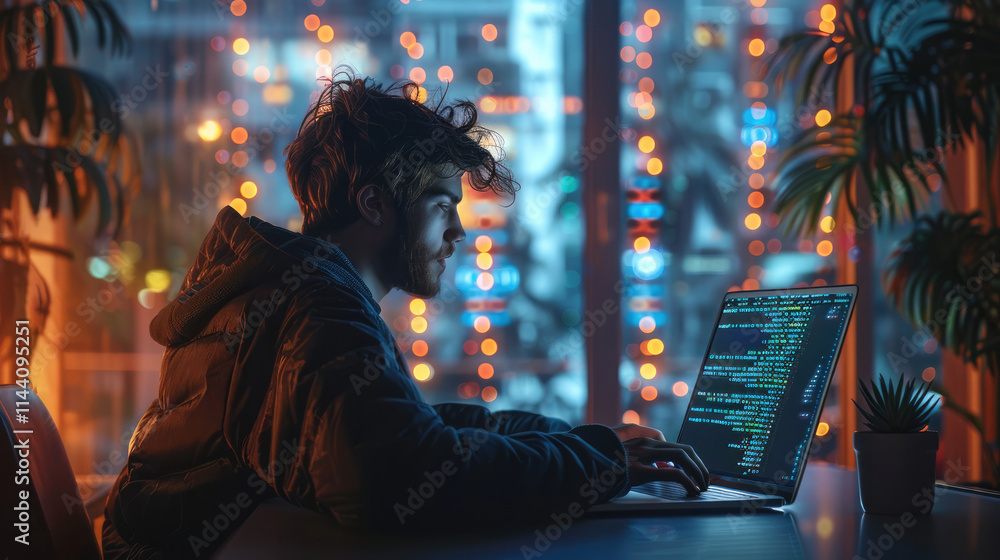 A young man is sitting at the table in front of his laptop, writing code on it. A young man is sitting at the table in front of his laptop, writing code on it.