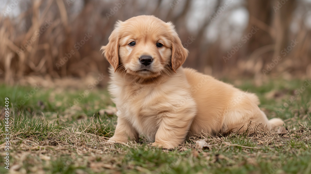 Golden retriever puppy sitting on grass outdoors Golden retriever puppy sitting on grass outdoors