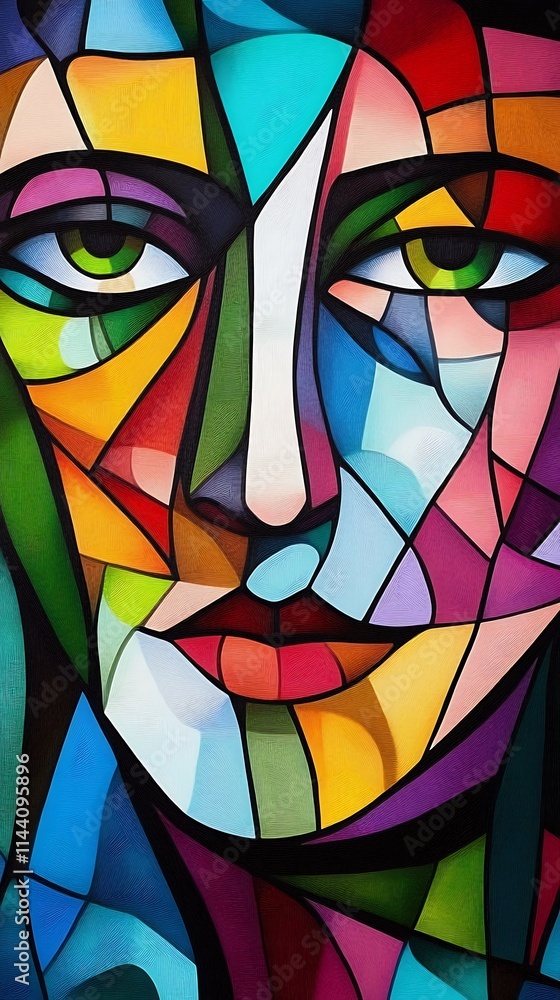 Fototapeta premium Colorful abstract face, close up digital painting, geometric style.. AI Generated