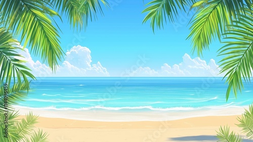  A stunning view of the sandy beach with palm trees and a clear blue sky, showcasing the beauty of summer in tropical areas