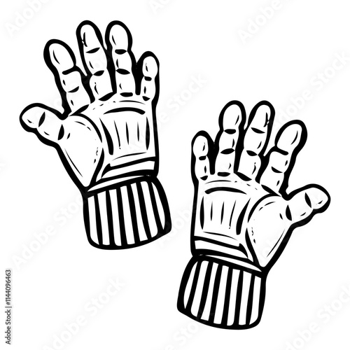 Hockey player glove hand drawn doodle illustration. Sports equipment. Hand protection when hitting with a stick. Winter game. Match. Vector line art.