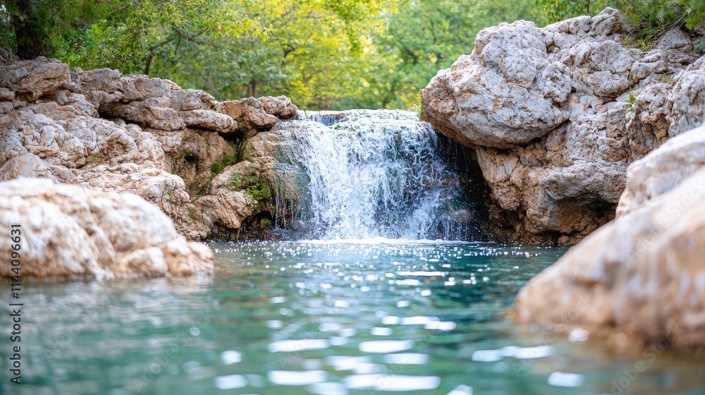 Naklejka premium Serene waterfall cascading into a tranquil pool nestled among rocks.